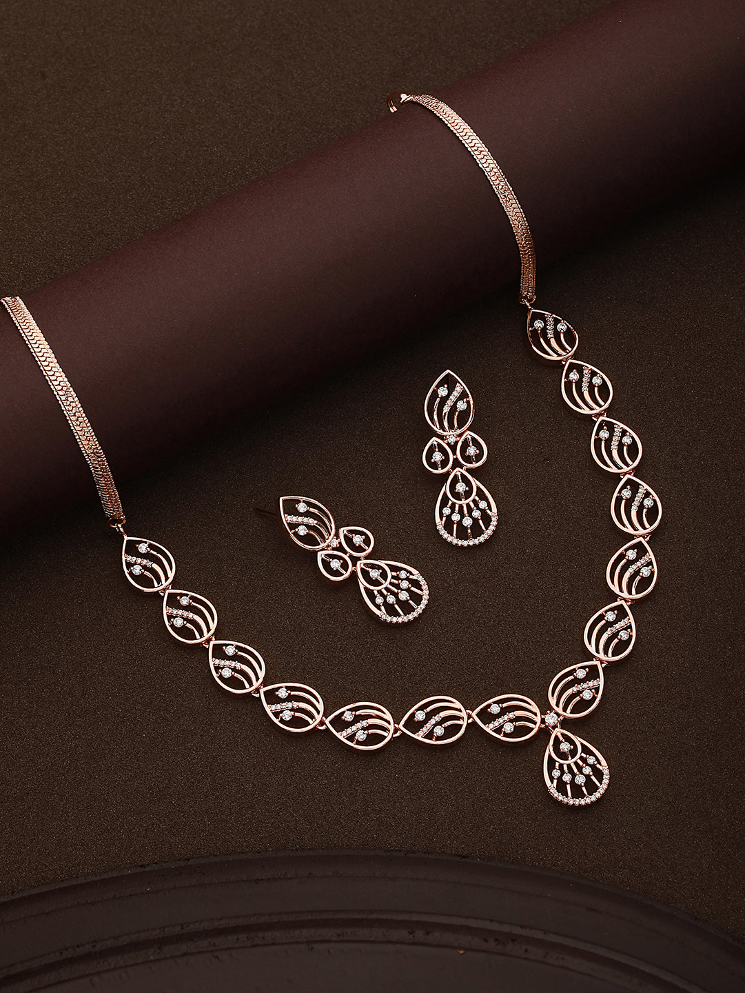 Rose Gold Toned Zircon Studded Minimal Necklace Jewellery Set